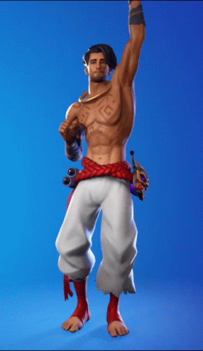 A Man Without A Shirt Is Standing With His Arms In The Air GIF