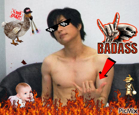 A Man Without A Shirt Is Surrounded By Flames And A Dodo Bird And The Word Badass GIF