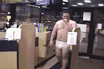 A Man Without A Shirt Is Walking In A Store With A Sign That Says ' Checkout ' On It GIF