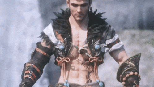 A Man Without A Shirt Is Wearing A Feathered Jacket And Holding A Sword GIF