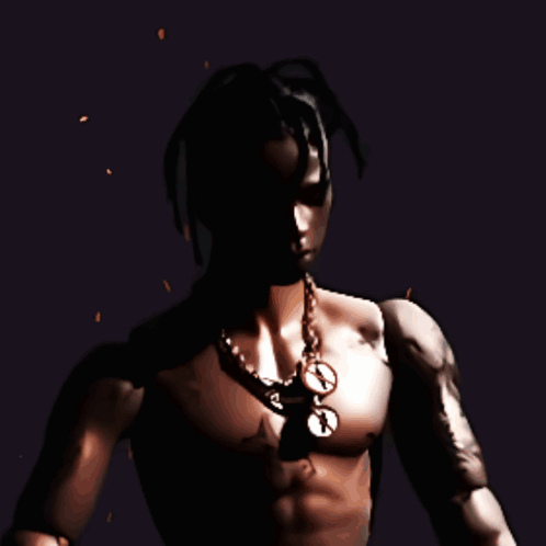 A Man Without A Shirt Is Wearing A Necklace With Two Circles On It GIF