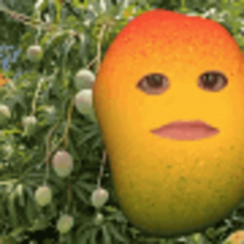 A Mango With A Face On It Is Sitting In A Tree . GIF
