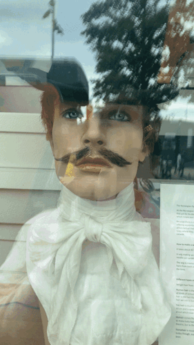 A Mannequin With A Mustache Is Behind A Window GIF