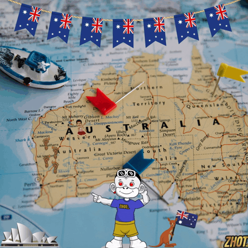 A Map Of Australia With Flags On It And A Monkey Pointing At It GIF