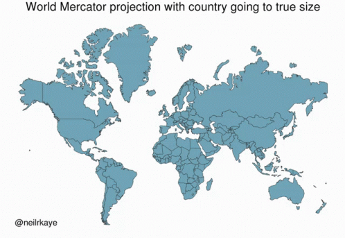 A Map Of The World With The Words World Mercator Projection With Country Going To True Size Below It GIF