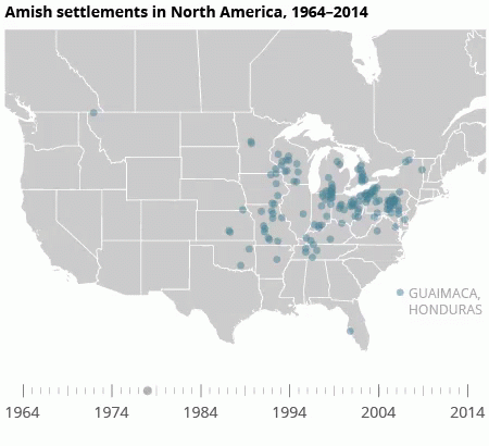 A Map Showing Amish Settlements In North America From 1964 To 2014 GIF