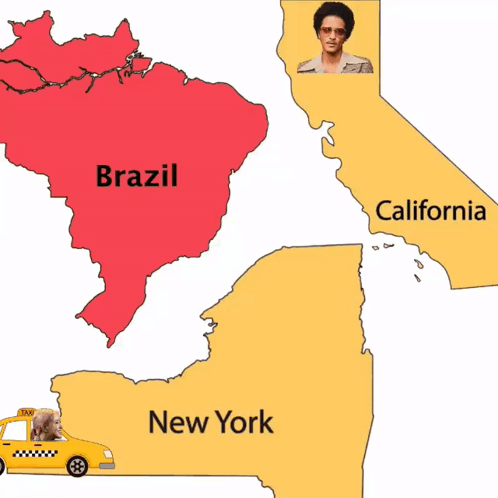 A Map Showing Brazil And California With A Taxi On It GIF