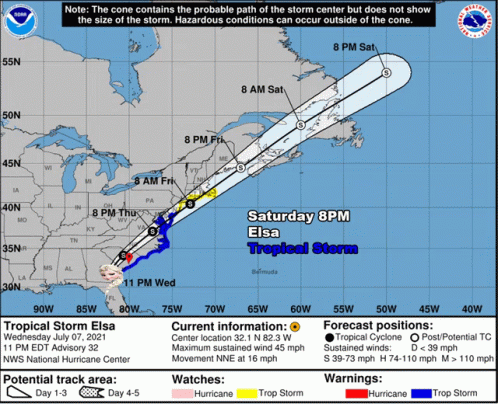 A Map Showing The Path Of Tropical Storm Elsa On Saturday 8Pm GIF