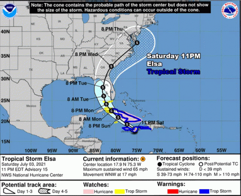 A Map Showing The Path Of Tropical Storm Elsa On Saturday July 3 2021 GIF