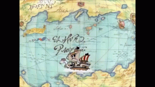 A Map Shows A Pirate Ship In The Middle Of The Ocean Near El Morro GIF