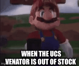 a mario doll is standing in a field with the words `` when the ucs venator is out of stock ''