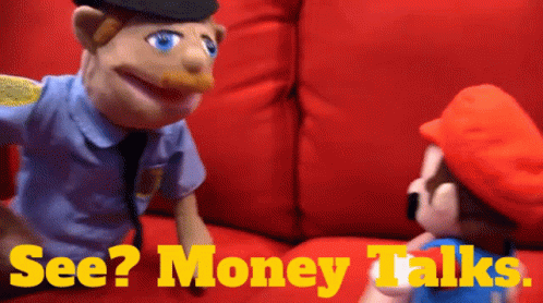 A Mario Puppet Is Talking To A Police Puppet On A Red Couch With The Words See Money Talks Below Them GIF