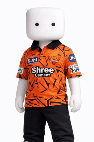 A Marshmallow Wearing An Orange Shirt That Says Shree Cement On It GIF