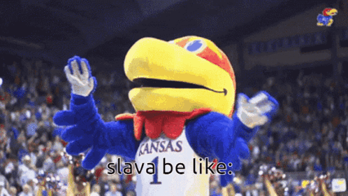A Mascot For Kansas Is Standing In Front Of A Crowd And Says " Slava Be Like " GIF
