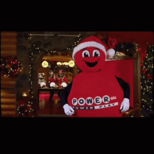 A Mascot For Power Ball Is Wearing A Santa Hat GIF