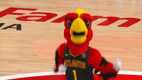 A Mascot For The Atlanta Hawks Stands On The Court GIF