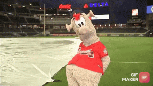 A Mascot For The Braves Is Standing On A Field GIF
