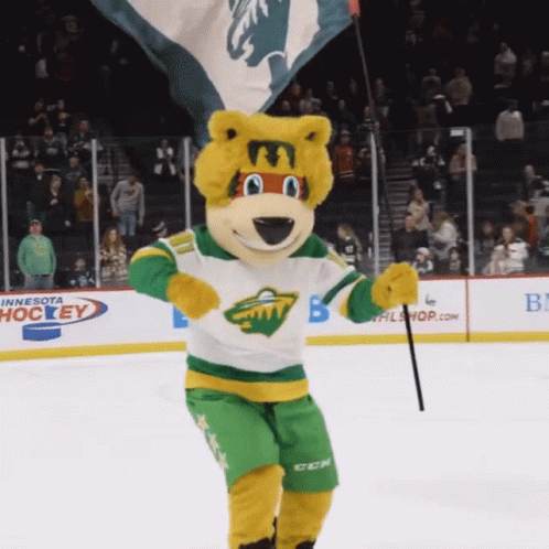A Mascot For The Minnesota Wild Holds A Flag GIF