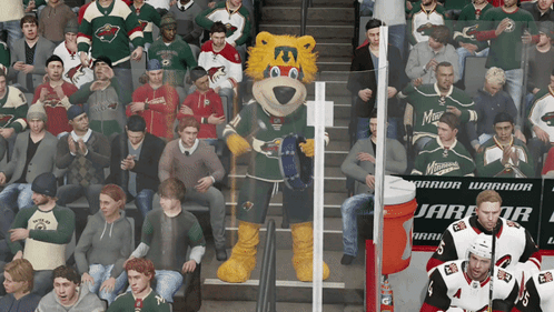 A Mascot For The Minnesota Wild Is Standing In Front Of A Crowd GIF
