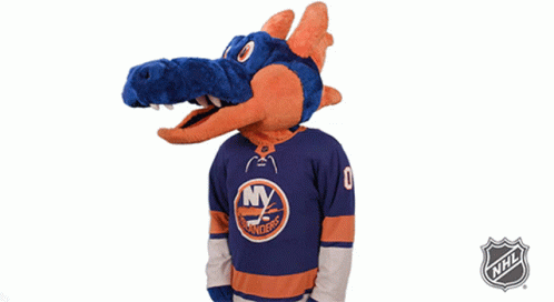 A Mascot For The New York Islanders Is Wearing A Blue And Orange Jersey GIF