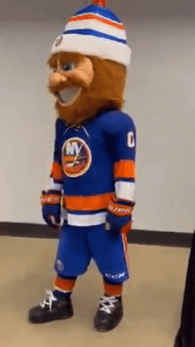 A Mascot For The New York Islanders Is Wearing A Blue And Orange Uniform . GIF