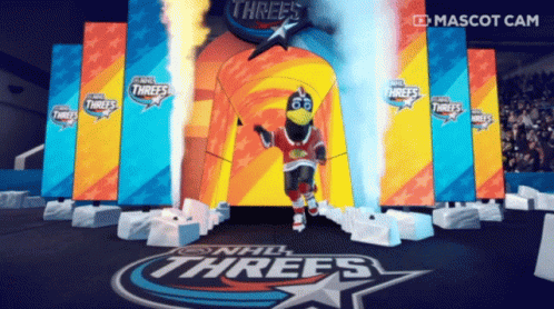A Mascot For The Nhl Threes Is Walking Through An Entrance GIF