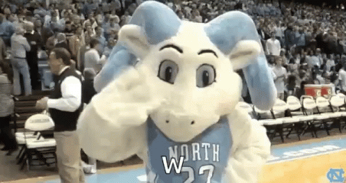 A Mascot For The North Carolina Rams Is Standing On A Basketball Court GIF