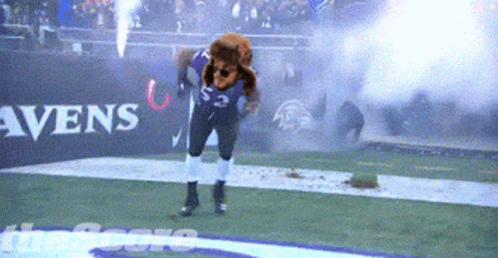 A Mascot For The Ravens Is Running On A Field GIF