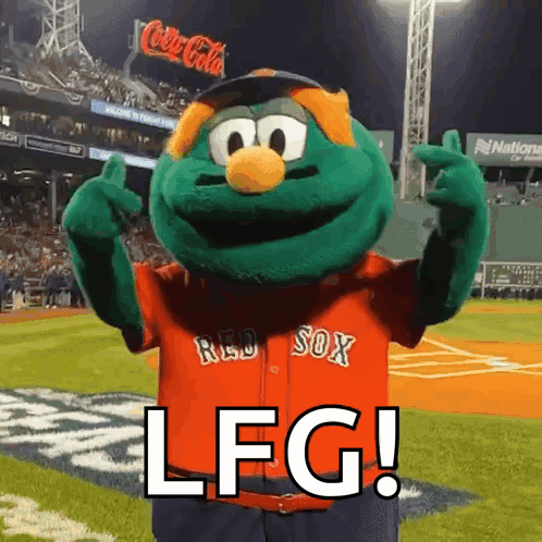 a mascot for the red sox is giving the middle finger and says lfg