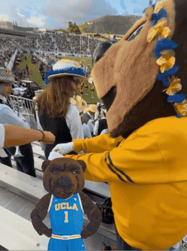 a mascot for ucla is standing next to a stuffed bear