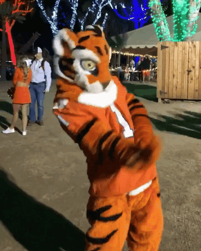 A Mascot In A Tiger Costume Stands In Front Of A Group Of People GIF