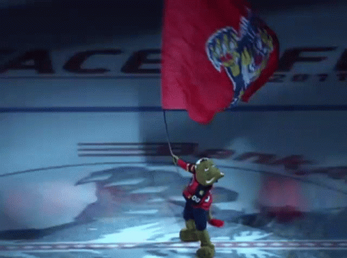 A Mascot Is Holding A Flag In Front Of A Banner That Says Ace GIF