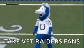 a mascot is standing on a football field with the words `` take vet raiders fans '' .
