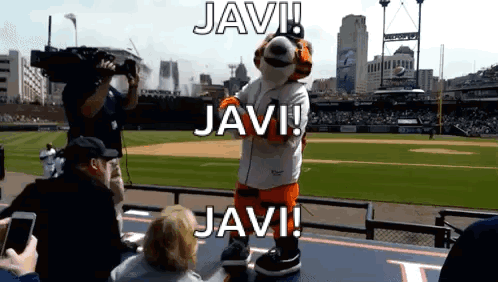 A Mascot On A Baseball Field With The Words Javi Above Him GIF