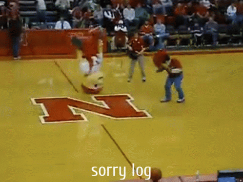 a mascot on a basketball court says sorry log