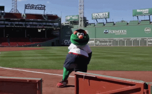 A Mascot Stands On A Baseball Field In Front Of A Sports Authority Billboard GIF