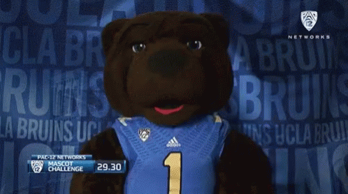 a mascot wearing a blue jersey with the number 1
