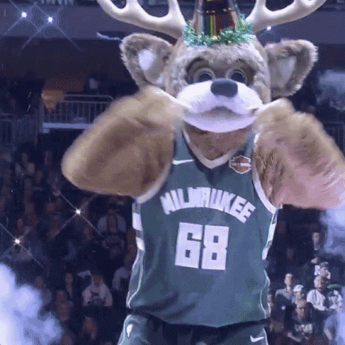 a mascot wearing a milwaukee jersey with the number 68