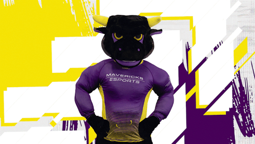 A Mascot Wearing A Purple And Yellow Shirt That Says Mavericks Esports GIF