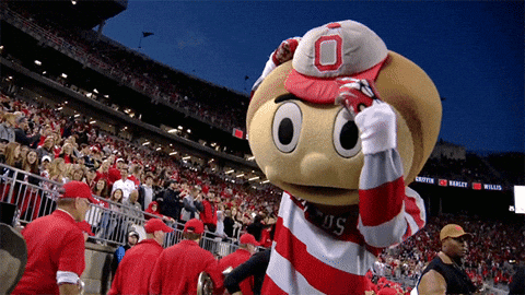 A Mascot Wearing A Red And White Striped Shirt With The Letter O On It GIF