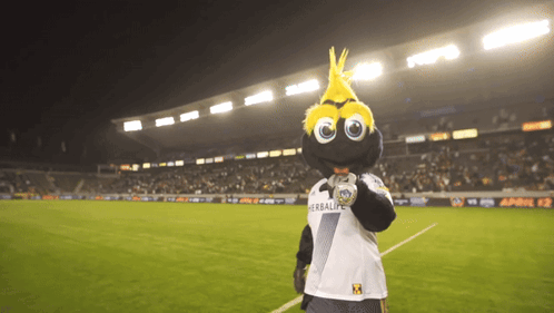 A Mascot Wearing A Shirt That Says Herbalife Stands On A Soccer Field GIF