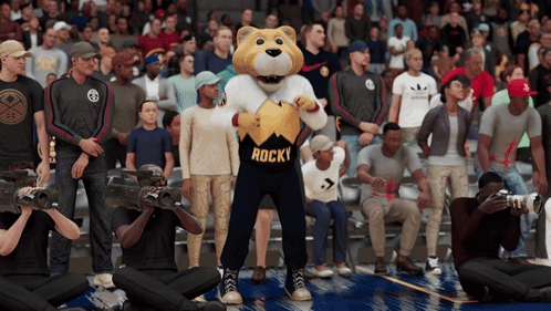 a mascot with the word rocky on it