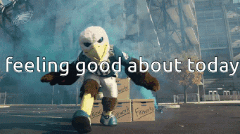 A Mascot With The Words Feeling Good About Today Written Above Him GIF