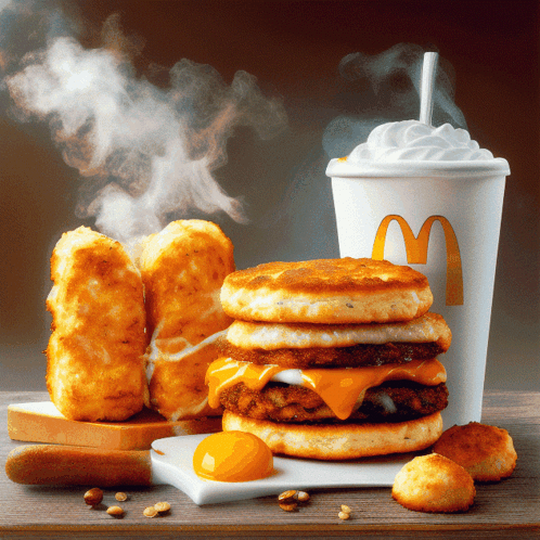 A Mcdonald 'S Breakfast Sandwich With Hash Browns And A Drink With Whipped Cream GIF