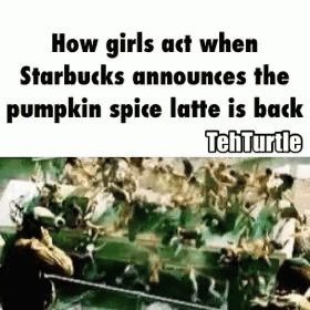 a meme about how girls act when starbucks announces the pumpkin spice latte is back