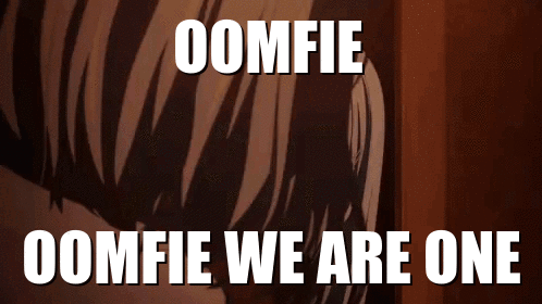 A Meme That Says ' Oomfie Oomfie We Are One ' On A Brown Background GIF