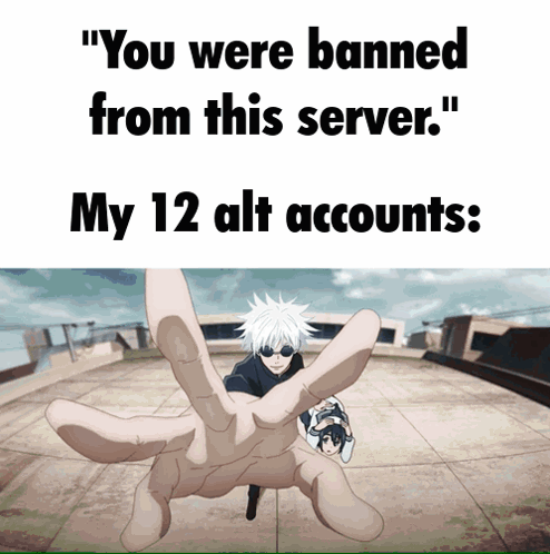 A Meme That Says " You Were Banned From This Server " And " My 12 Alt Accounts " GIF