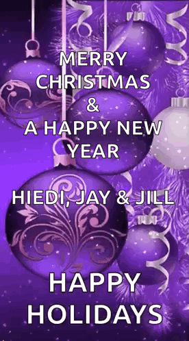A Merry Christmas And A Happy New Year Greeting Card With Purple Christmas Ornaments GIF