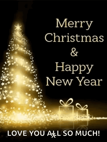 A Merry Christmas And Happy New Year Card With A Christmas Tree And Presents GIF
