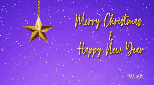 A Merry Christmas And Happy New Year Card With Gold Ornaments GIF
